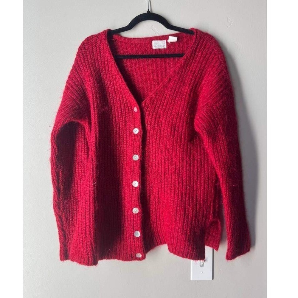 Vintage Moda International Mohair Cardigan M Red Mother of Pearl Buttons Coastal
